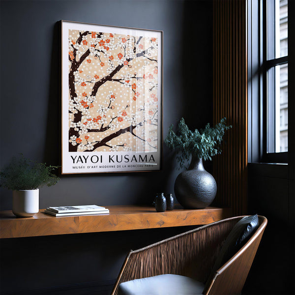 Peach-toned Cherry Blossom Tree Art featuring white and red flowers.