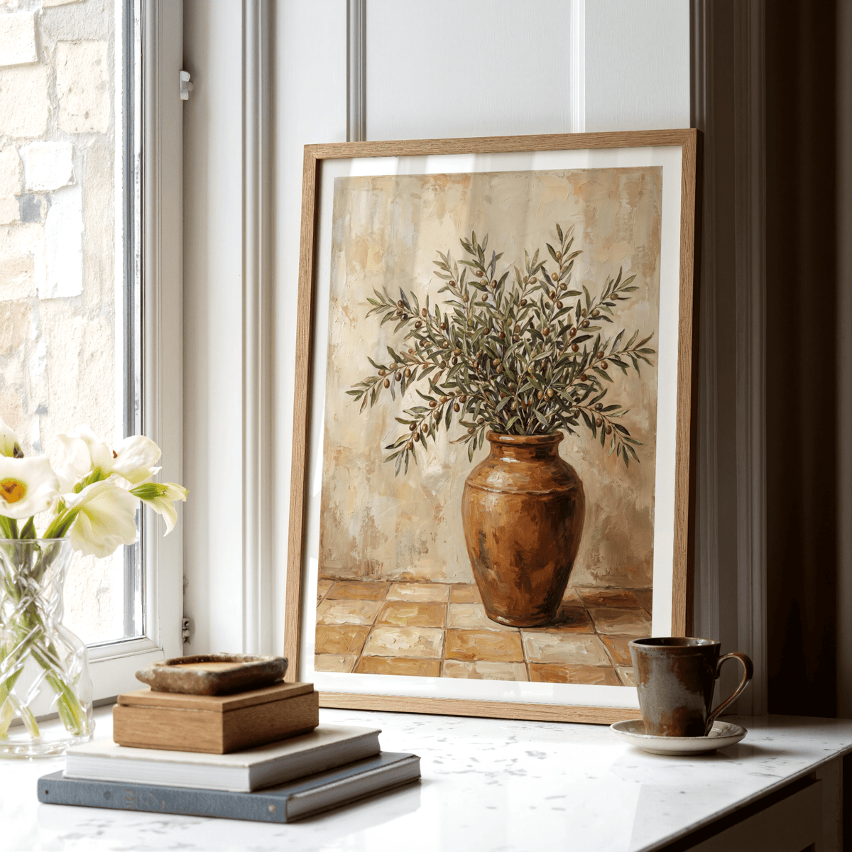 Rustic Olive Art poster featuring olive branches, ideal for living room
