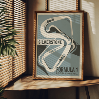 Minimal race circuit poster print with winding track shape and small car icons