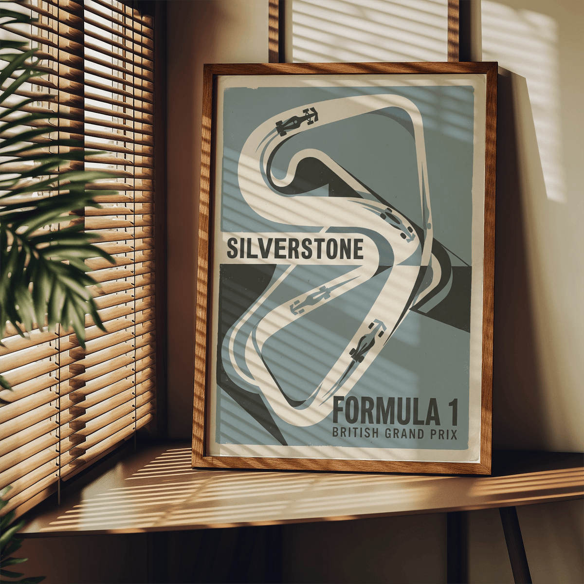 Minimal race circuit poster print with winding track shape and small car icons