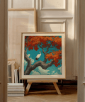 Detail of maple-like leaves and textured clouds on Japanese crane art print