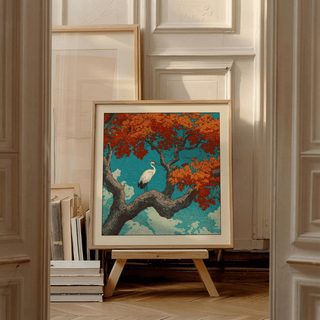 Detail of maple-like leaves and textured clouds on Japanese crane art print