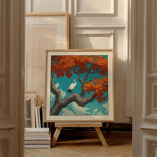 Detail of maple-like leaves and textured clouds on Japanese crane art print