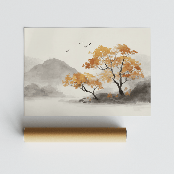 Dining room feature Autumn Tree Art Print with orange and gray leaves