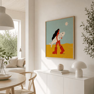 Graphic illustration wall art of a person walking with a large fish