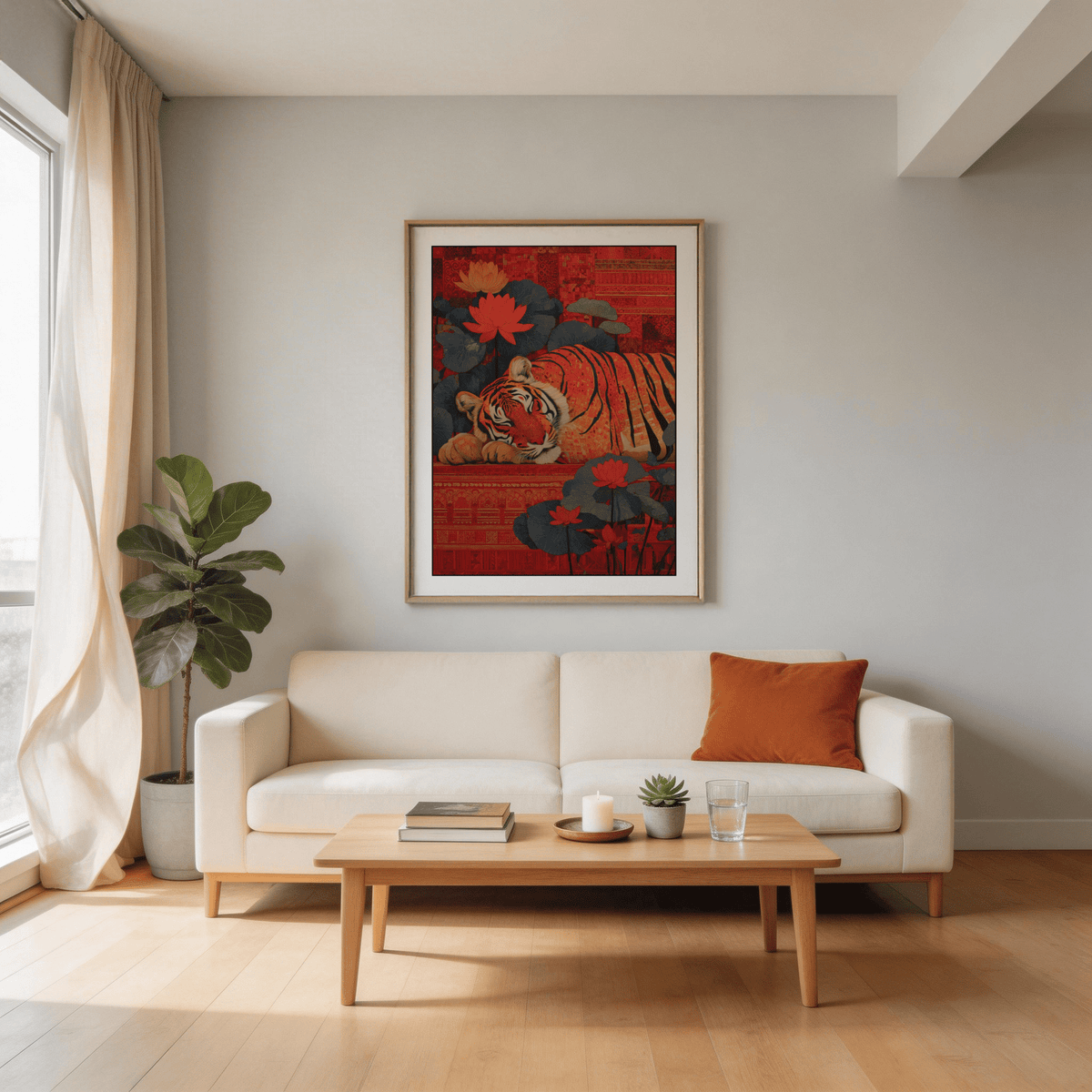 Sleeping tiger illustration with lotus blossoms and layered geometric background