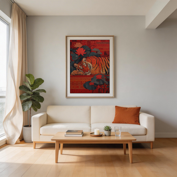Sleeping tiger illustration with lotus blossoms and layered geometric background