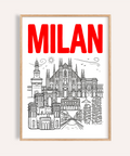 Bold typographic Milan City Wall Art poster with line-drawn cathedral and skyline