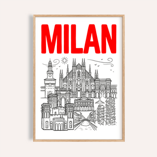 Bold typographic Milan City Wall Art poster with line-drawn cathedral and skyline