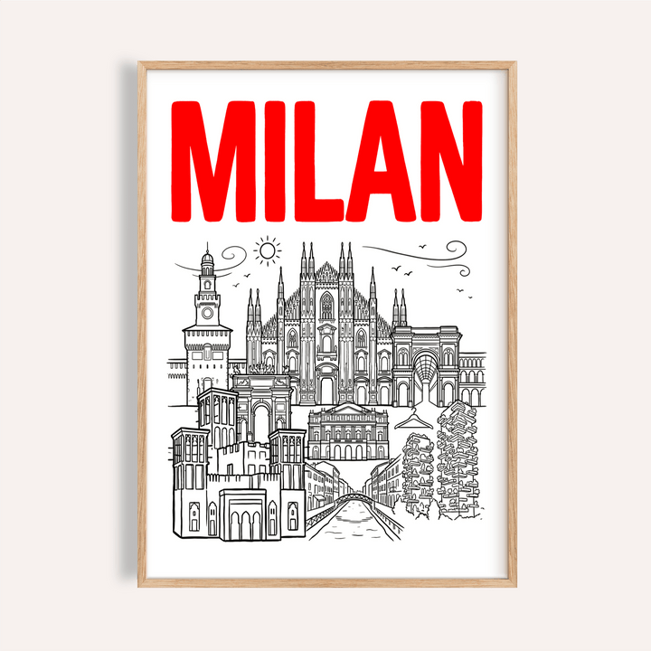 Bold typographic Milan City Wall Art poster with line-drawn cathedral and skyline