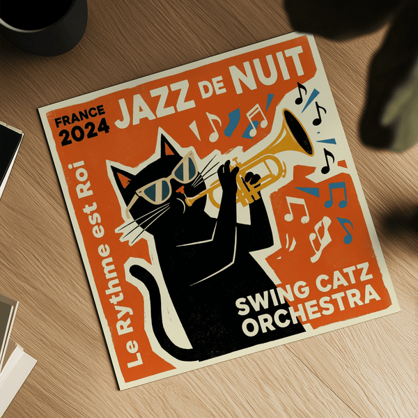 Jazz Cat Art Print in Yellow, Orange, for modern office art print
