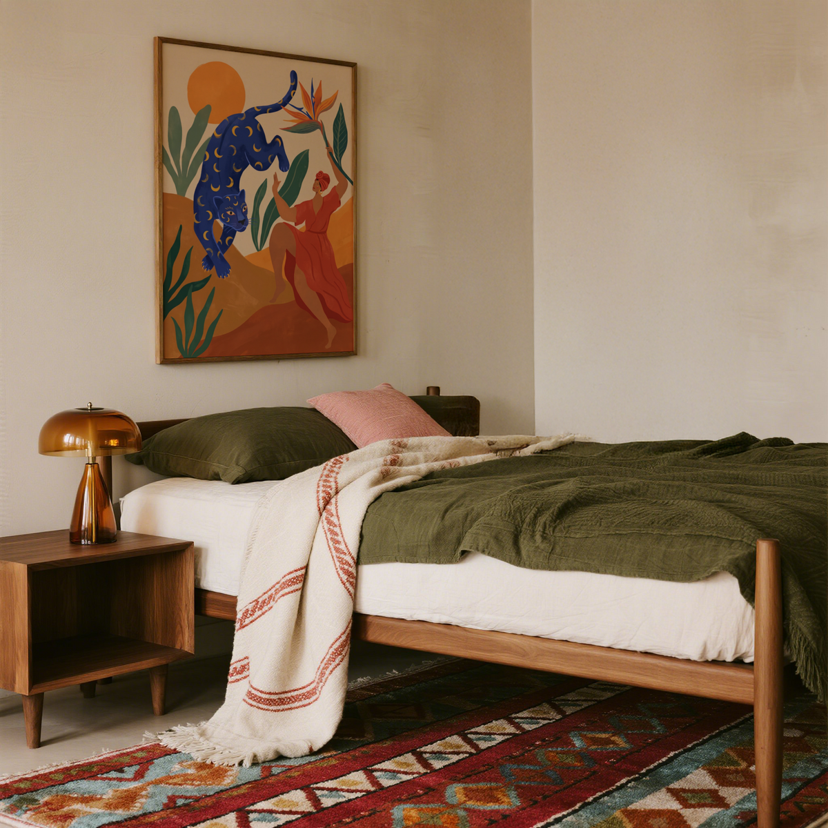 Depicting leopard poster wall art with moon motif, layered hills, and bold botanical leaves