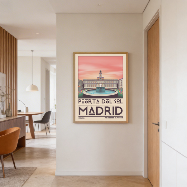 Minimal travel wall art print of Madrid Puerta del Sol with clock tower and wide plaza fountain