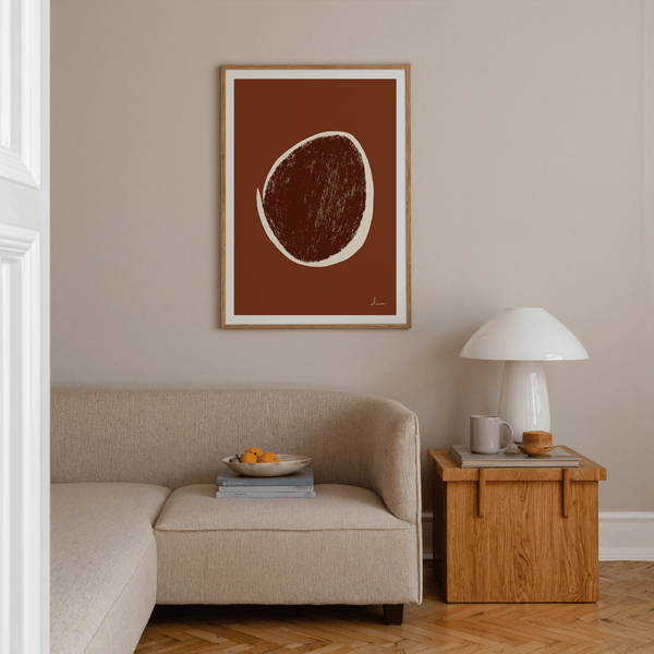 Close-up view of textured circle shape on abstract wall art print