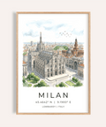 Overview of Milan Cathedral Art Print poster with illustrated Duomo and city skyline text at bottom