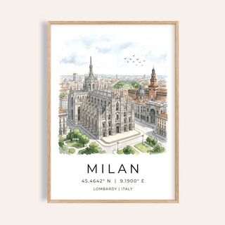 Overview of Milan Cathedral Art Print poster with illustrated Duomo and city skyline text at bottom