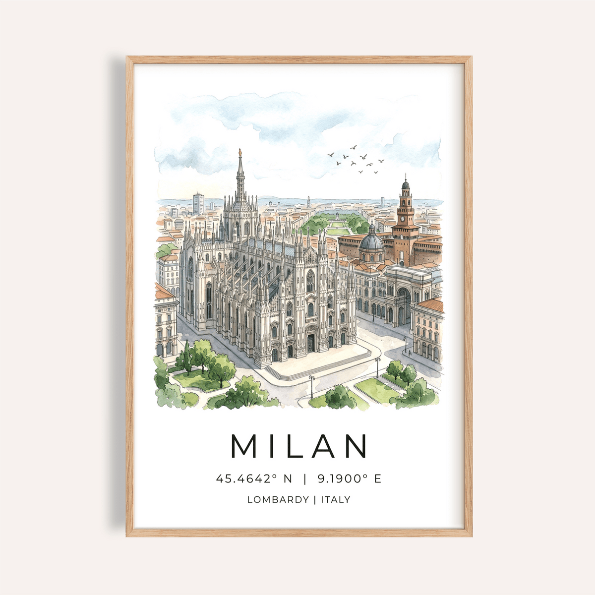 Overview of Milan Cathedral Art Print poster with illustrated Duomo and city skyline text at bottom