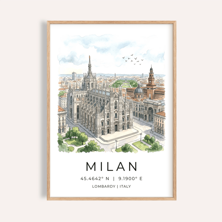 Overview of Milan Cathedral Art Print poster with illustrated Duomo and city skyline text at bottom