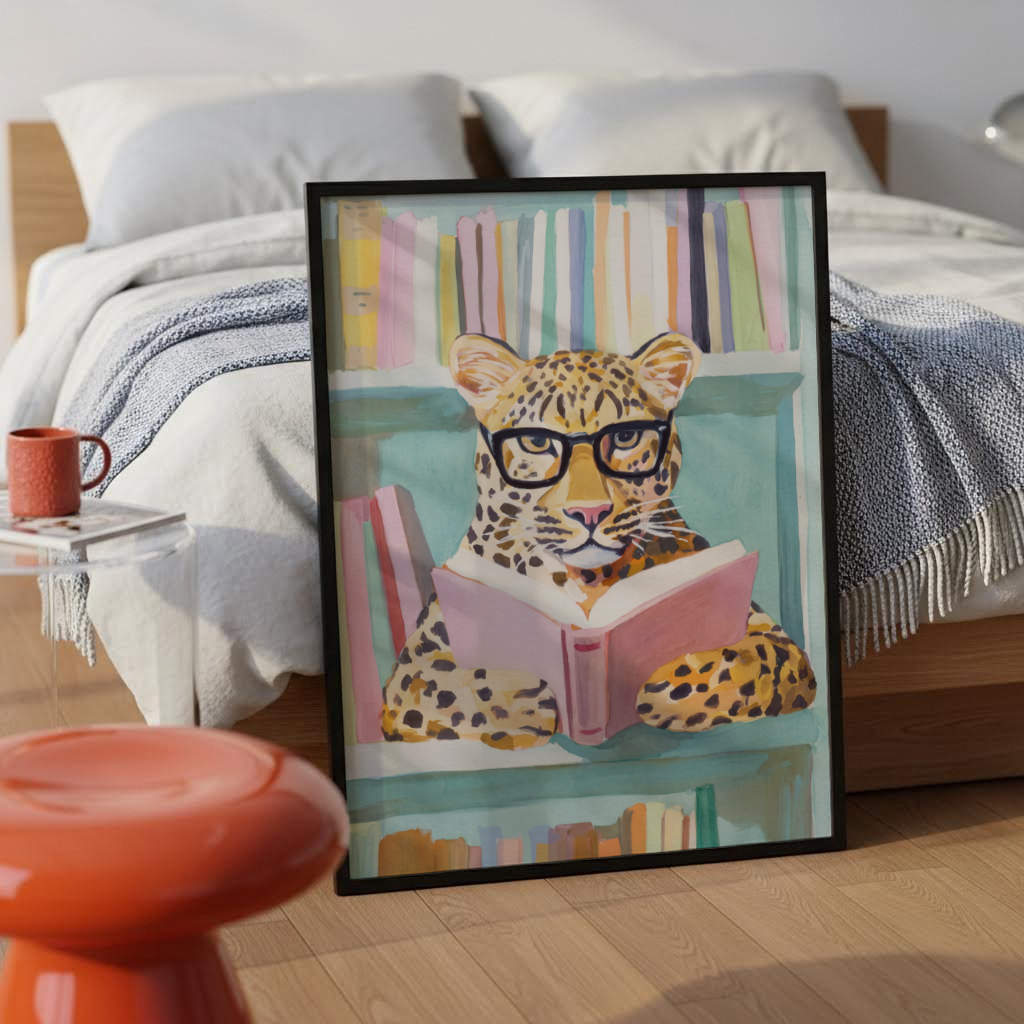 Watercolor leopard portrait poster holding an open book in front of bookshelves