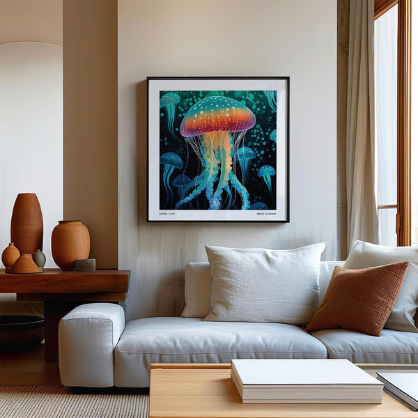 Vibrant rainbow jellyfish in square-format art unique wall piece