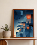 Graphic rainy night wall art print with umbrellas and hanging lantern
