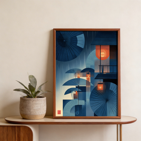 Graphic rainy night wall art print with umbrellas and hanging lantern