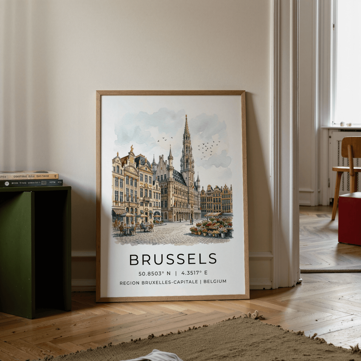 Brussels Architectural Art Print illustrating cafe tables and flower market scene