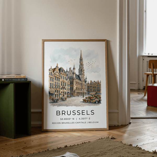 Brussels Architectural Art Print illustrating cafe tables and flower market scene