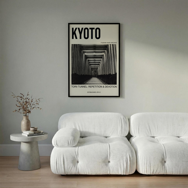 Structured layout wall art print with “Torii Tunnel: Repetition & Devotion” caption and corridor photo