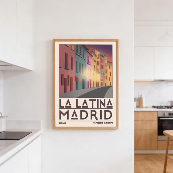 Detail of coordinate line beneath MADRID headline on Spanish city print