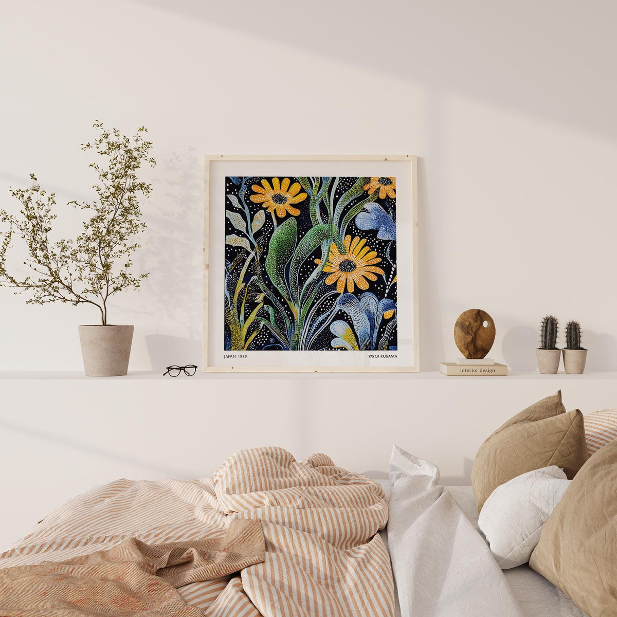 Japanese Floral Print in square layout with dotted background and vibrant flowers.