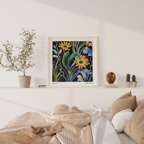 Japanese Floral Print in square layout with dotted background and vibrant flowers.