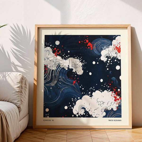 Coastal Japanese art in deep blue tones with stylized wave patterns