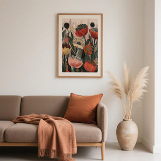 Dotted art with poppies in earthy tones and graphic floral textures