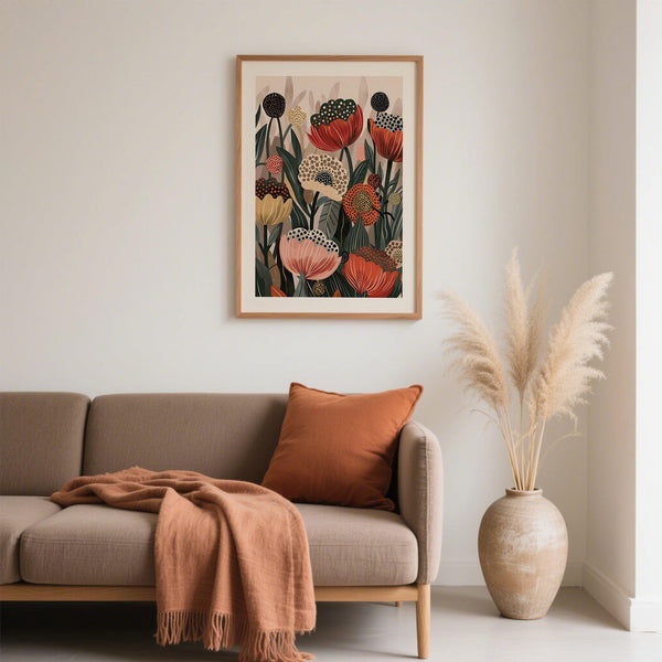 Dotted art with poppies in earthy tones and graphic floral textures