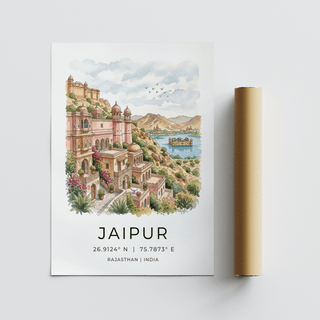 Minimal text-led Jaipur destination poster print with coordinates and Rajasthan India line