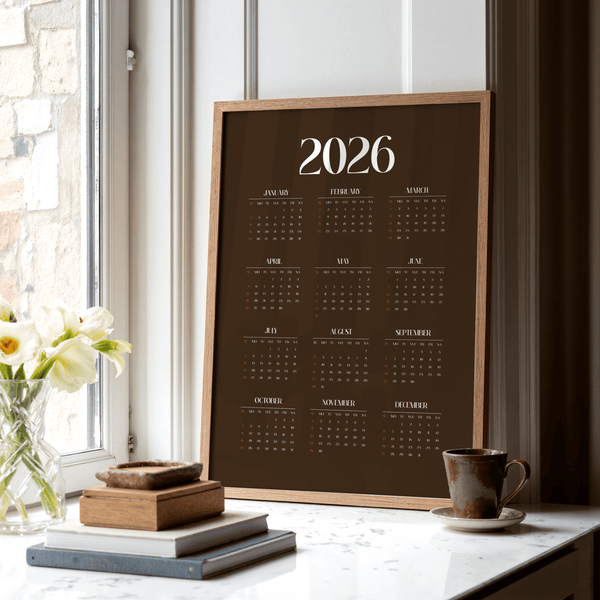 Stylish Brown Calendar Print art print with brown, orange, white for study