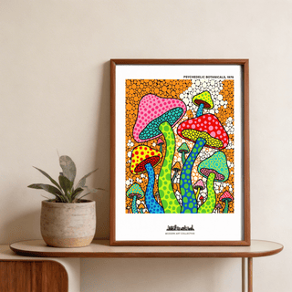 Pop-art style mushroom poster with layered stems and repeating dot pattern