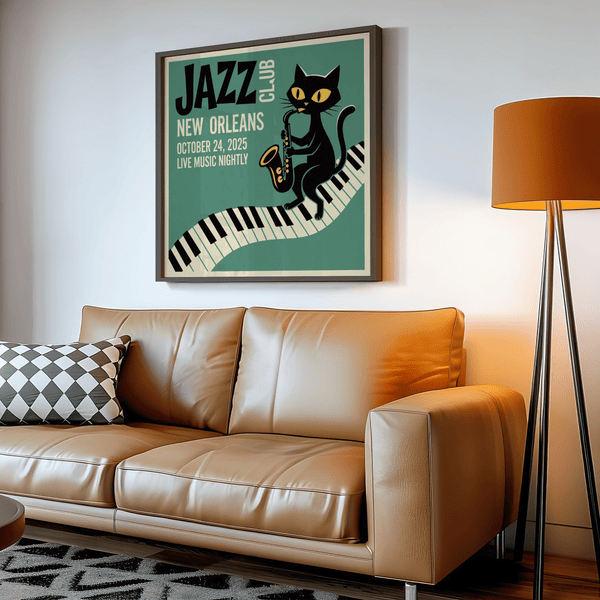 Vintage-inspired Jazz Club Art Print in green, beige, black for hallway