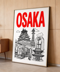 Graphic Osaka skyline print with tower, temple building, and billboards