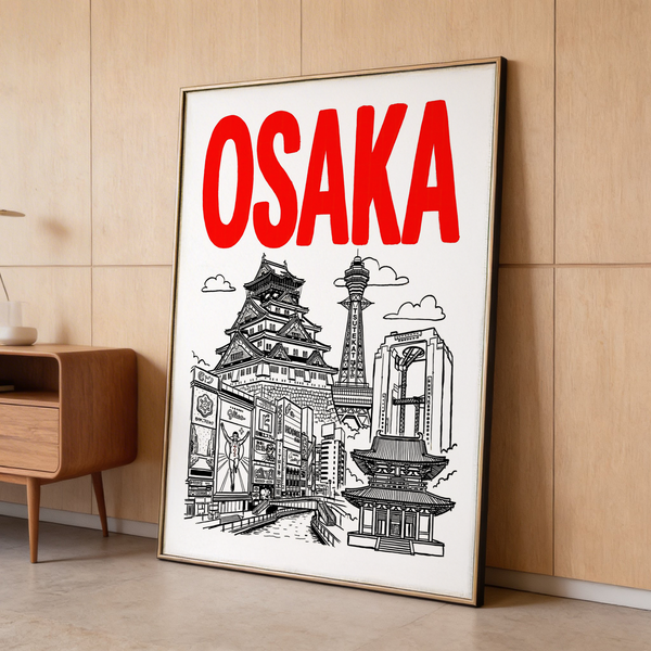 Graphic Osaka skyline print with tower, temple building, and billboards