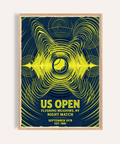 Abstract tennis poster wall art with central ball and radiating rings, US OPEN event text at bottom