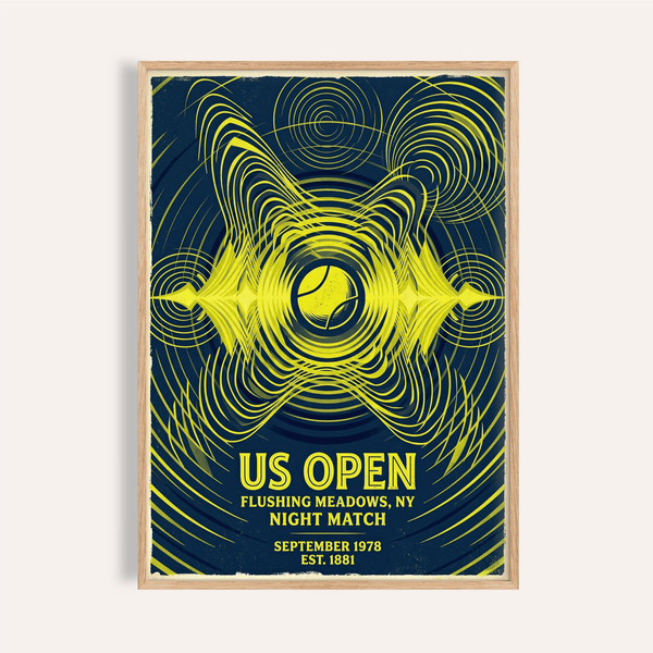 Abstract tennis poster wall art with central ball and radiating rings, US OPEN event text at bottom