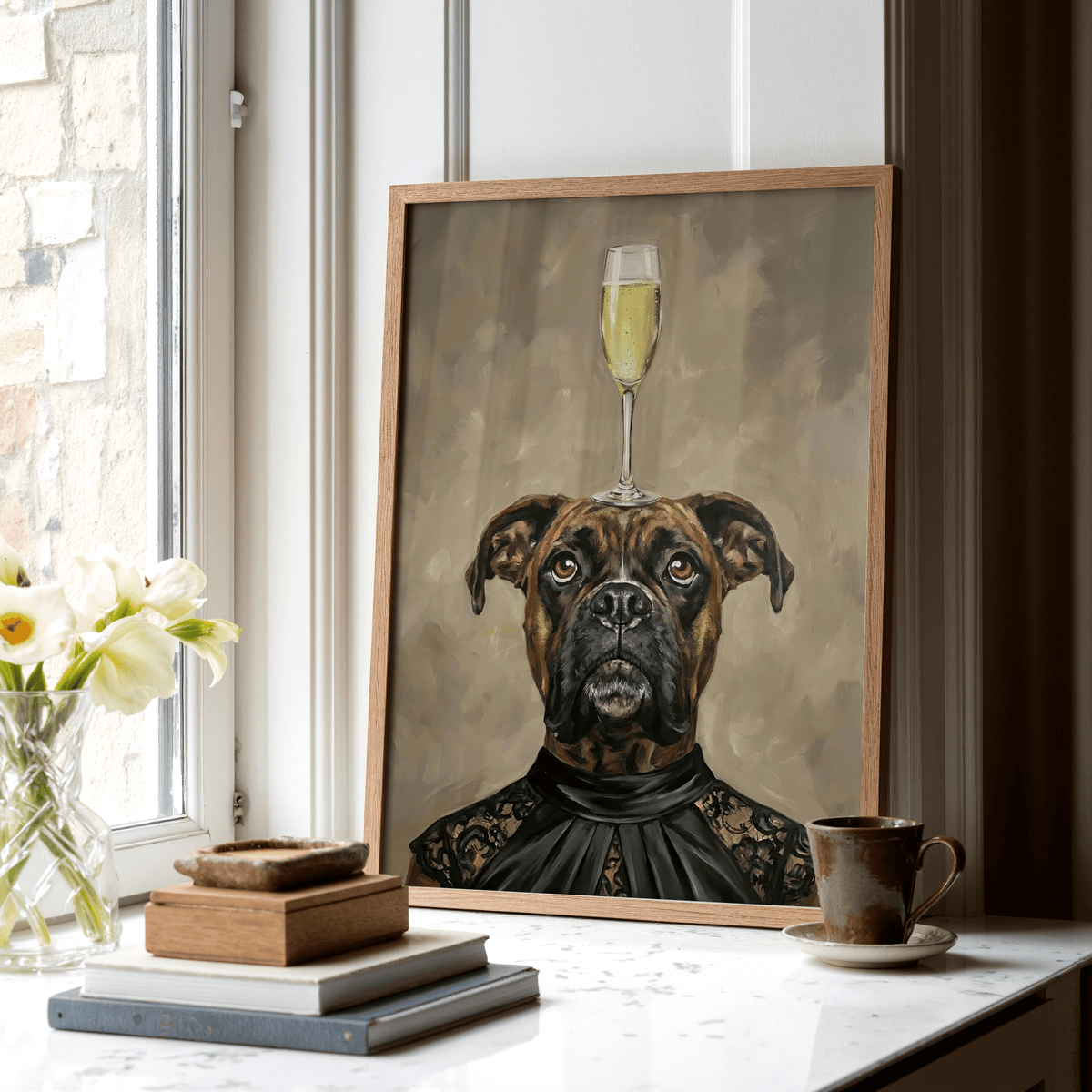Boxer Dog Print for bedroom featuring black, brown, and beige
