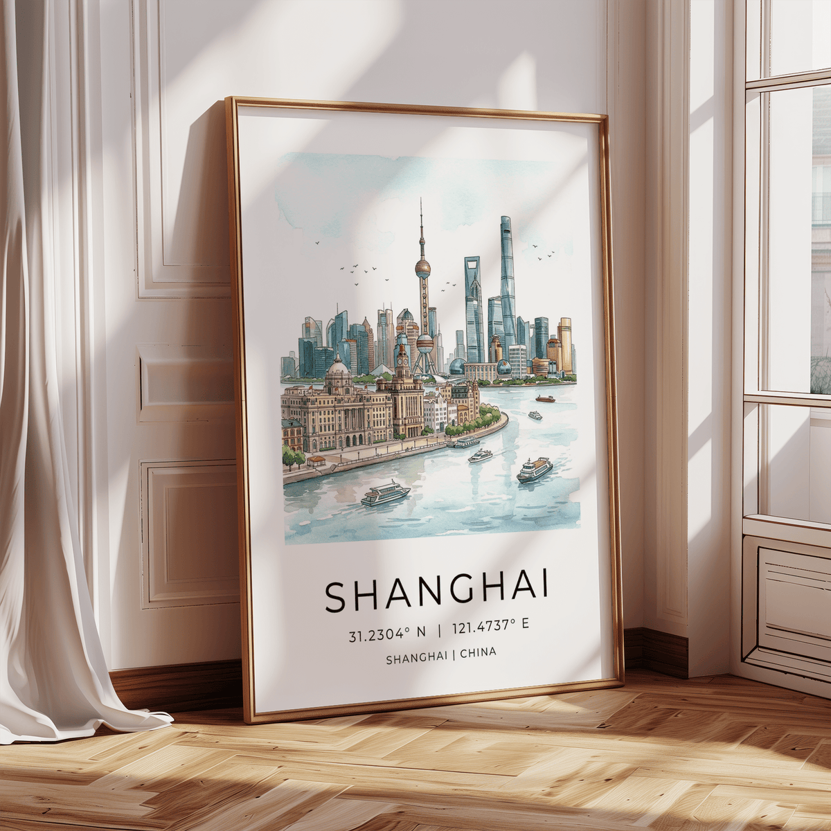 Graphic Shanghai poster print with SHANGHAI title and coordinate text