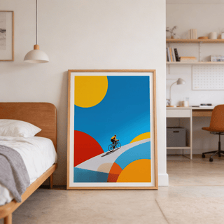 Clean geometric wall art print of cyclist with cast shadow on a bright path