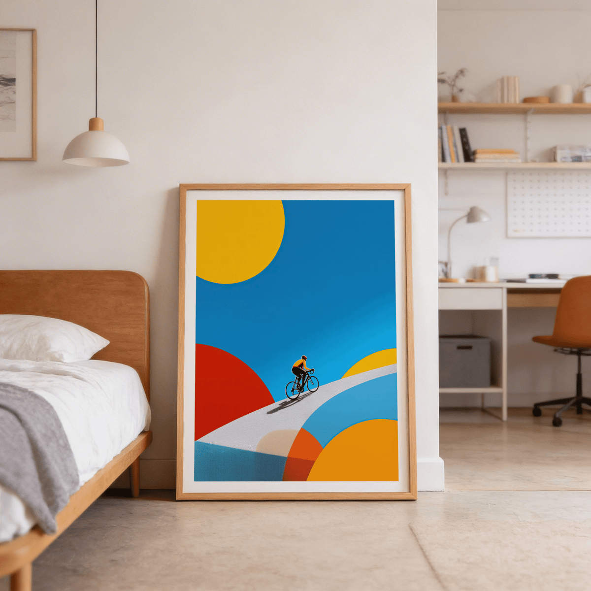 Clean geometric wall art print of cyclist with cast shadow on a bright path
