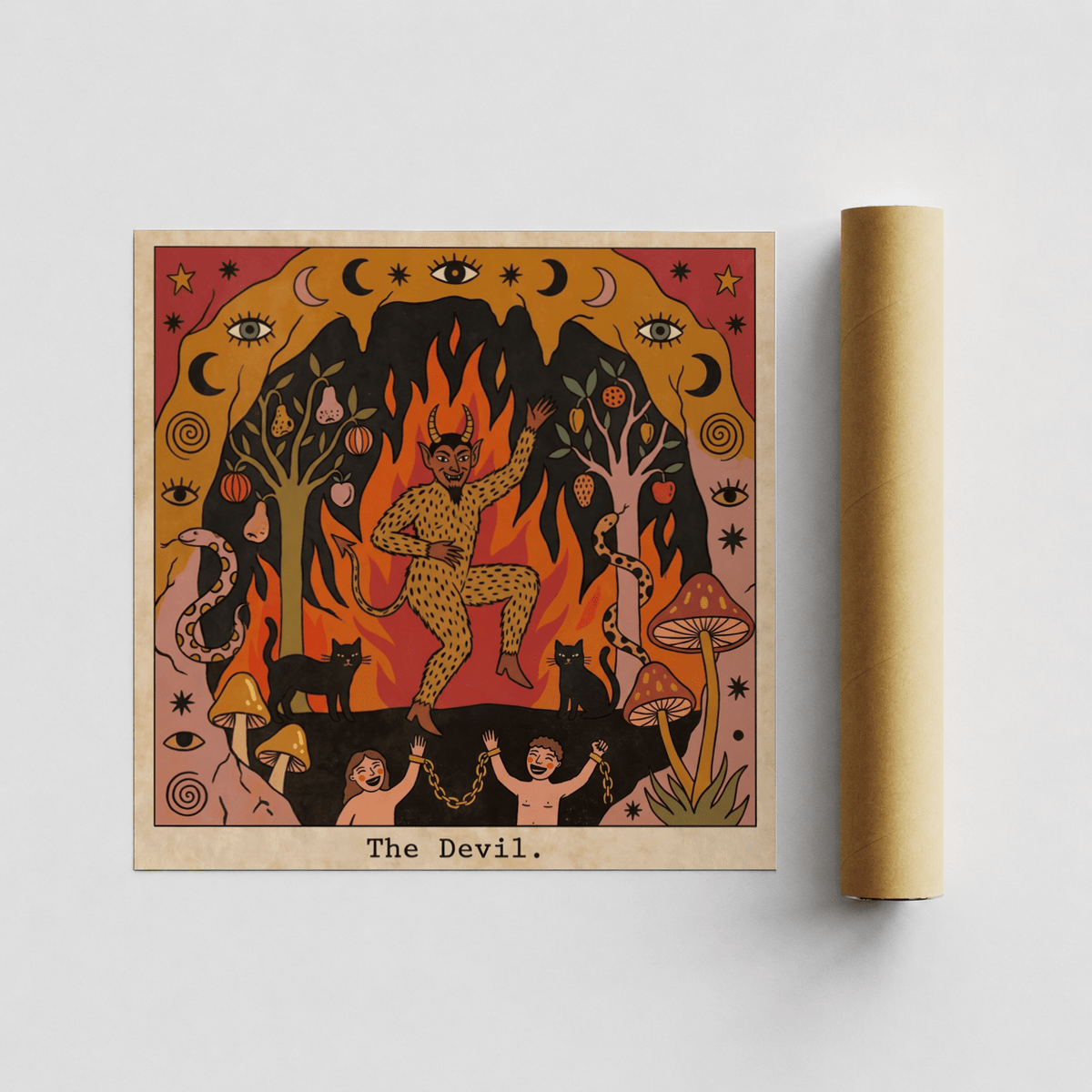 Detailed tarot wall art print with crescent moons, eyes, and star symbols