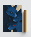 Bold wildlife wall art print featuring stacked fox faces and pointed ears