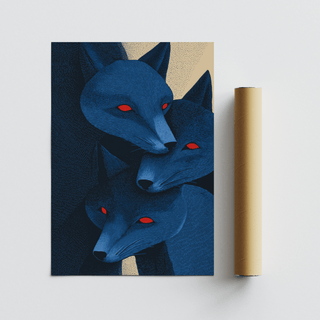 Bold wildlife wall art print featuring stacked fox faces and pointed ears